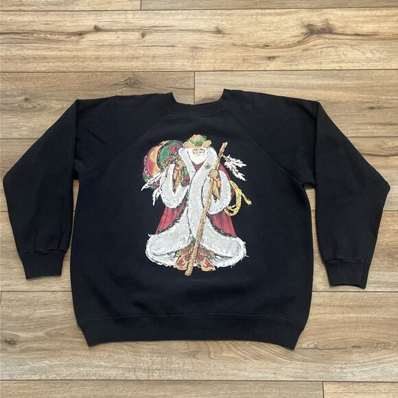 Santa Claus Sweatshirt SZ Medium Black Appliqué Hand Painted Southwestern Vtg - Picture 1 of 10
